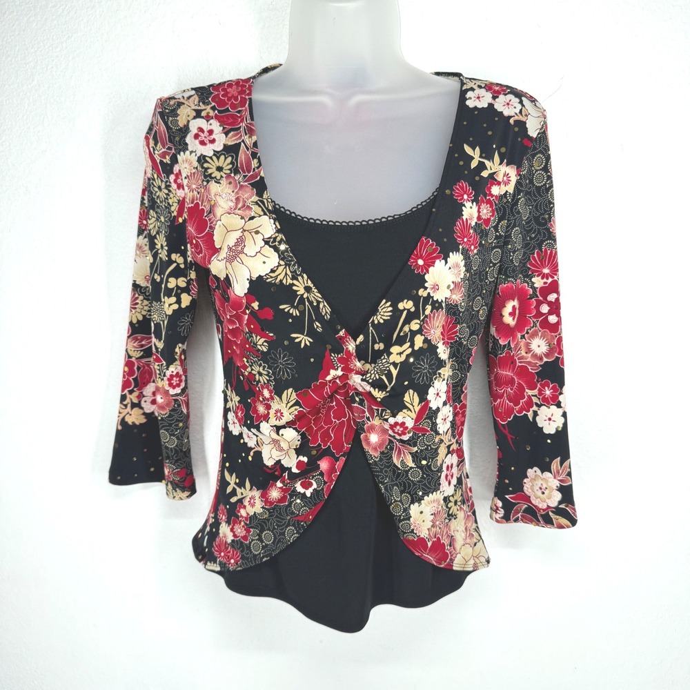 IZ Byer California Womens Y2K Floral Sequin Layered Top Stretch Fairy Medium